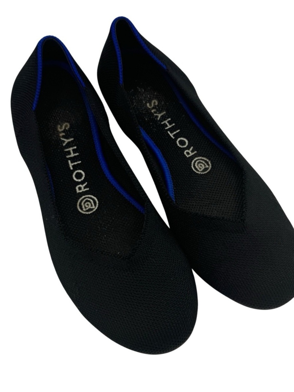 Rothy's Black Knit Ballet Flat with Blue Trim